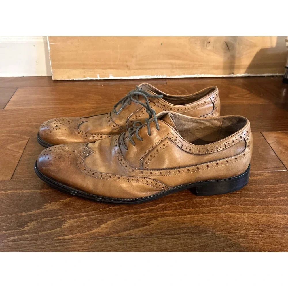 Johnston & Murphy Mens Tan Leather Wingtip Brogue Flex System Oxford Shoes 12 W